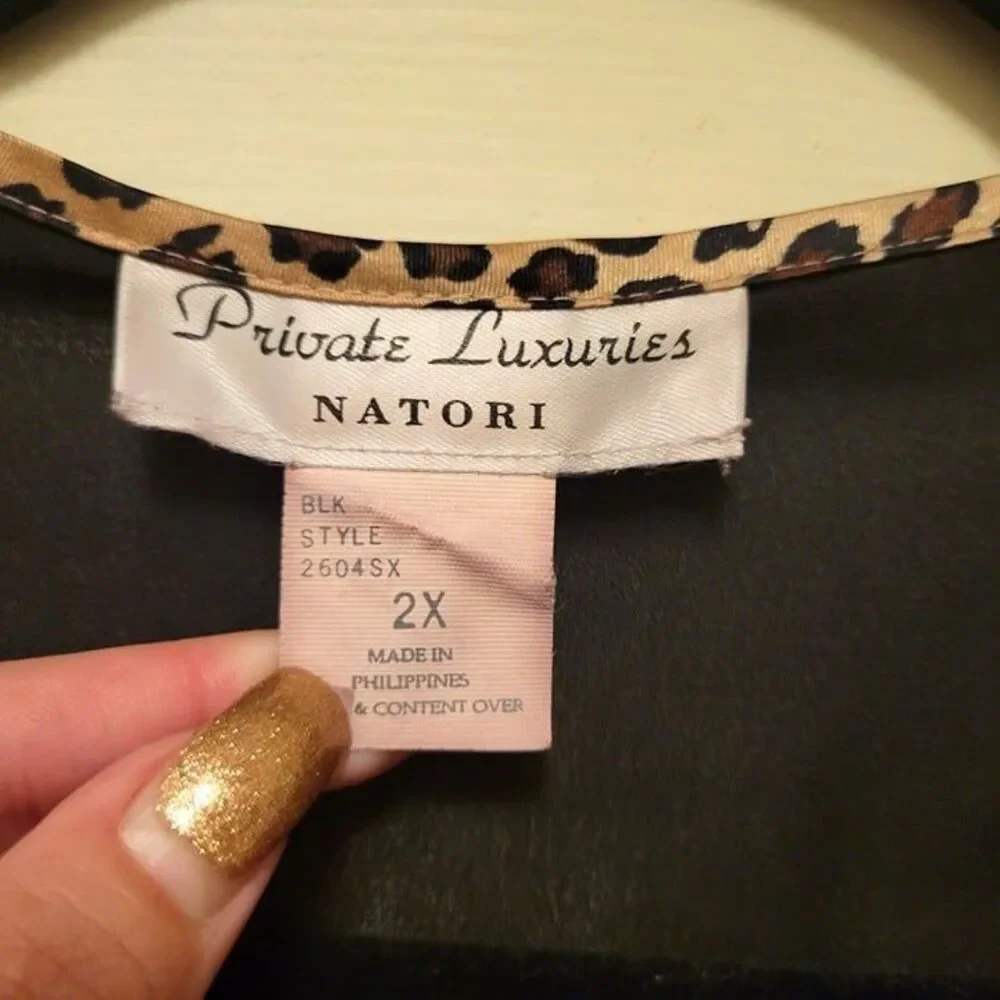 Natori Private Luxuries Womens Top Black 2XL Leopard Trim Sheer Plus Size Robe